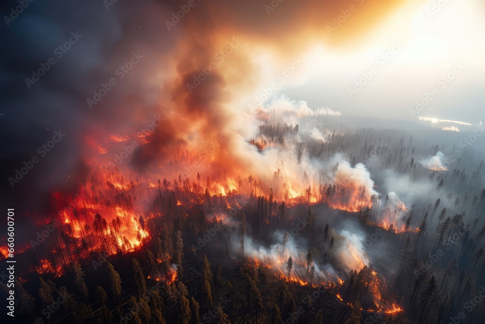 Aerial Photography Of Massive Forest Fire In Canada In , With Drones Top View Showcasing Wildfire, Smoke, And Burning Trees Highlights Ecological Catastrophe