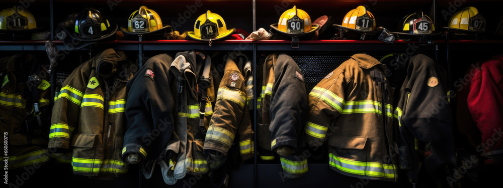 Firefighters gear hangs on hooks
