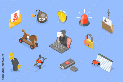 3D Isometric Flat Vector Set of Hacker Icons, Cyber Crime