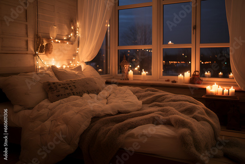 cozy bedroom at night with candles