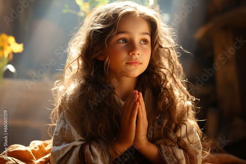 5-Year-Old Girl Praying with Folded Hands Under Her Chin on a Sunny Day © Wemerson