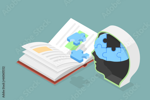 3D Isometric Flat Vector Conceptual Illustration of Psychological Education, Reading, Studying and Knowledge