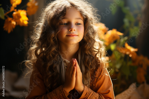 5-Year-Old Girl Praying with Folded Hands Under Her Chin on a Sunny Day