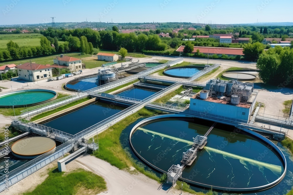 Aerial View Of Wastewater Treatment Plant, Emphasizing The Filtration Of Dirty Or Sewage Water