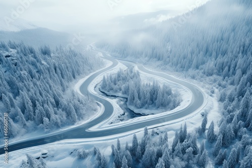 Aerial View Of Winding Winter Road