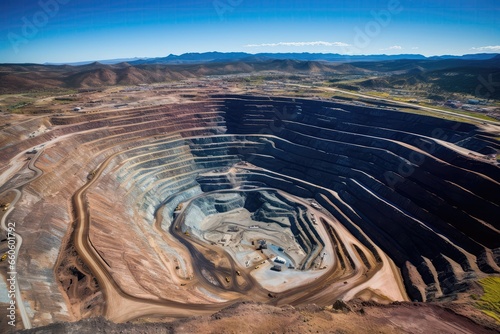 Aerial View Of Openpit Mine, The Worlds Largest, With Drones Perspective On The Canyon Copper Mine And Diamond Mining Quarry . Сoncept Aerial Mining Operations, World's Largest Open Pit Mine photo