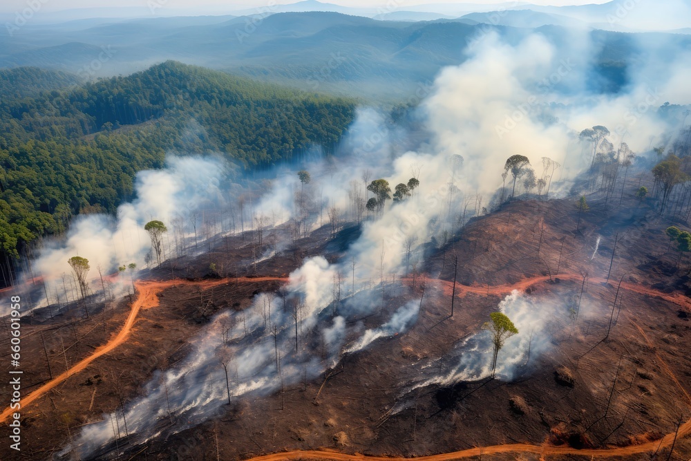 Aerial View Of Tropical Rainforest Deforestation Due To Illegal Fire Clearing And Burning, Illustrating Environmental Ecological Problem