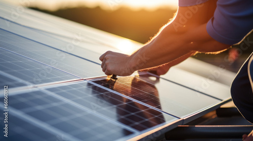 A worker installs solar panels.