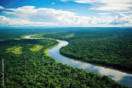 Aerial View Of The Rainforest Jungle With River