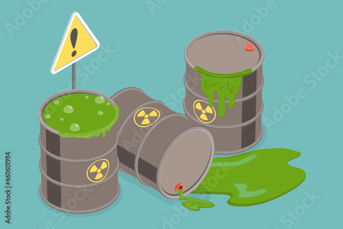 3D Isometric Flat Vector Conceptual Illustration of Radioactive Contamination, Barrels of Chemical Waste