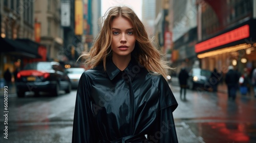 photo of a beautiful woman in stylish clothes against the backdrop of a big city. Fashion and style concept