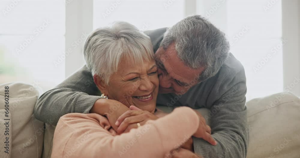 Old people, sofa and hug with love and support in marriage, retirement and happiness together at home. Comfort, care and bonding with life partner, couple in living room with trust and commitment Old people, sofa and hug with love and support in marriage, retirement and happiness together at home. Comfort, care and bonding with life partner, couple in living room with trust and commitment
