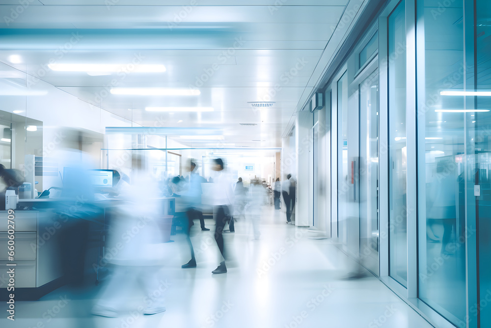 abstract blurred image of doctor and patient people in hospital interior or clinic corridor for background, laboratory, science experiment, health care and medical technology concept, Generative AI