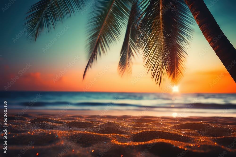 Blurred Palm Tree On Sand With Tropical Beach Bokeh At Night Black Background, Orange Sunset