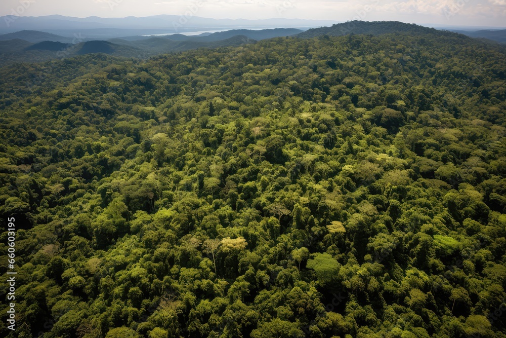 Birdseye View Of Thriving, Selectively Harvested Sustainable Forest, Emphasizing Biodiversity And Ecosystem Health