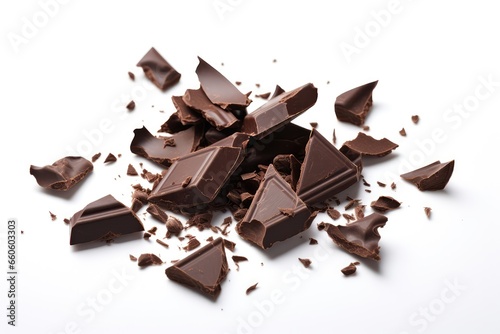 Closeup Of Dark Chocolate Pieces Falling On White Background