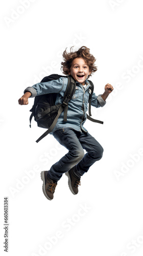 happy jumping Kid with a backpack. Isolated on Transparent background.