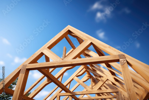 Wood roof trusses constructed with construction framing beams timber. Generative AI © barmaleeva