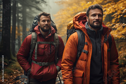 hombres sonrientes caminando con ropa de invierno por bosque otoñal