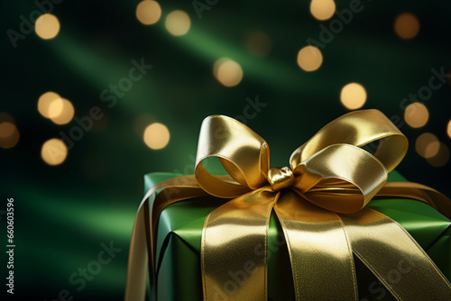 Shiny gift box with golden ribbon on festive background with lights. Generative AI