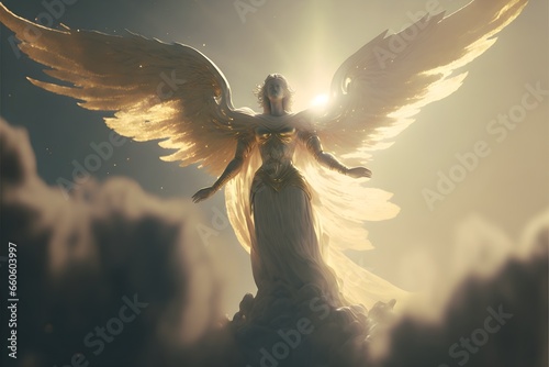 A female God floating atop a village her wings out stretched white with hints of gold above her the clouds part and beams of light shine down the scene is sereal like a dream 8k render cinematic 