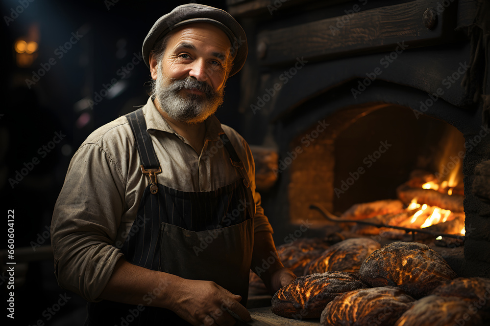 Portrait of a senior baker in his bakery. He is looking at camera and smiling. ia generated