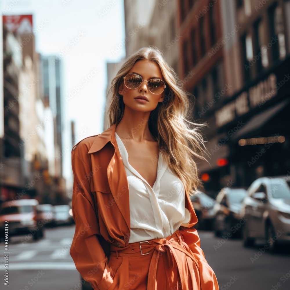 Fototapeta premium photo of a beautiful supermodel showing a stylish clothing collection in a big city against the backdrop of skyscrapers