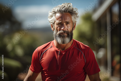 Portrait of senior man with grey hair and beard wearing sportswear. ia generated