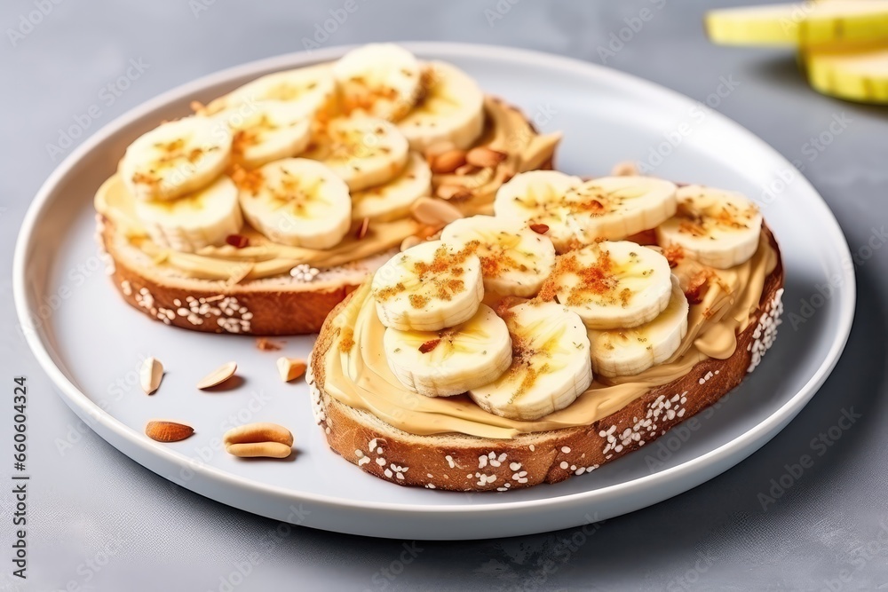 Peanut Butter Toasts With Banana And Apple On Gray Background In Flat Lay Composition Peanut Butter Toasts With Banana And Apple On Gray Background In Flat Lay Composition
