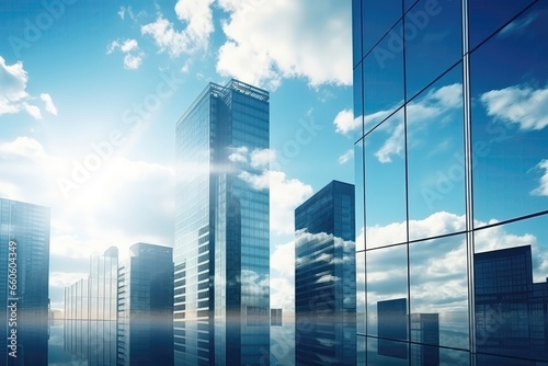 Reflective Skyscrapers And Office Buildings, Their Glass Facades Reflecting The Blue Sky And White Clouds