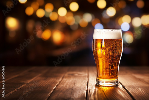 A glass of beer on a table in the pub