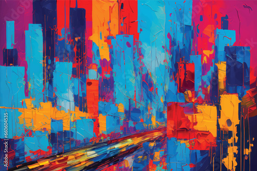 Vibrant Artwork: Acrylic Paint in a Multicolored Painting. Cityscape with abstract oil painting. A city view in oil painting. Illustration. city view.
