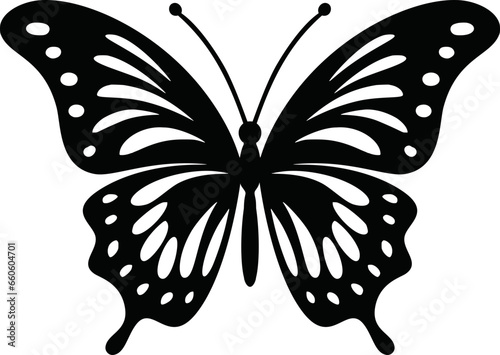 Monarch butterfly ornate lase silhouette vector icon. Beautiful black insect logo