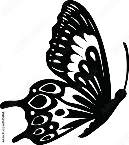 Monarch butterfly ornate lase silhouette vector icon. Beautiful black insect logo photo