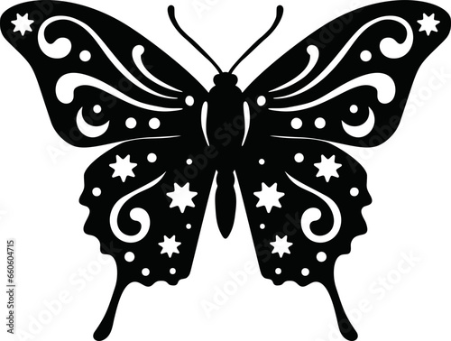 Monarch butterfly celestial star ornate lase silhouette vector icon. Beautiful black insect logo