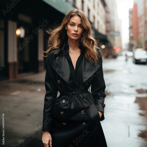 photo of a beautiful woman in stylish warm clothes against the backdrop of a big city. Fashion and style concept © koplesya