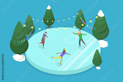 3D Isometric Flat Vector Conceptual Illustration of Ice Rink, Winter Sport and Activities