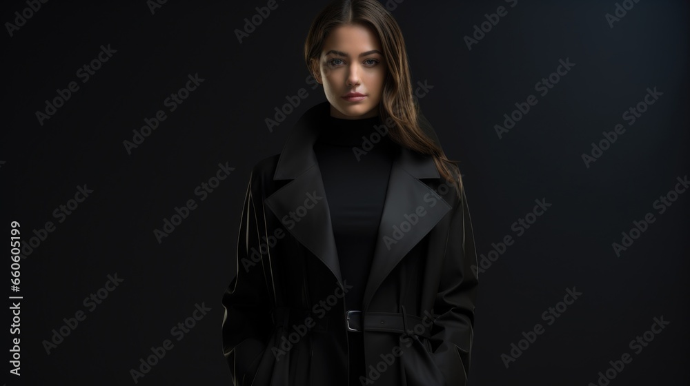 studio photo of a beautiful woman in a stylish raincoat on a dark background. Fashion and style concept