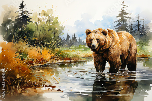 Brown bear in the lake drawn with watercolor © leo10