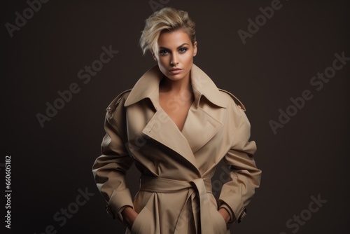 studio photo of a beautiful woman in a stylish raincoat on a dark background. Fashion and style concept