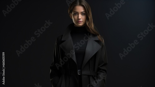 studio photo of a beautiful woman in a stylish raincoat on a dark background. Fashion and style concept