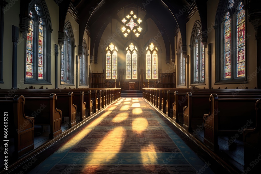 Stained Glass Church Windows Cast Ethereal Light Onto The Dark Interior, Illuminating The Walls And Floor