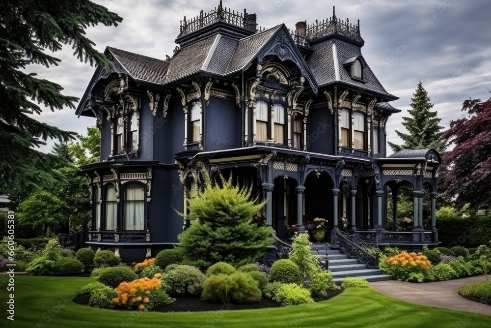 Grandiose Beautiful victorian cute mansion. Sky cottage. Generate Ai