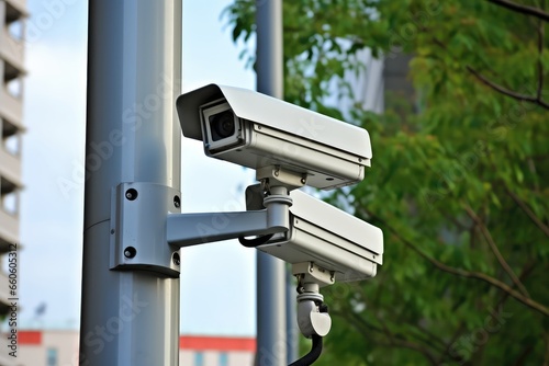 Surveillance Cameras Are Discreetly Mounted On Modern Urban Structure, Enhancing City Security