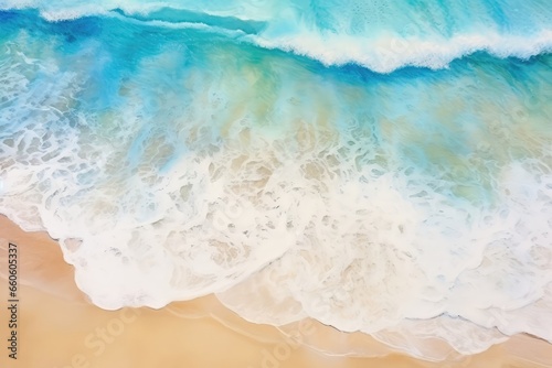 Top Birdseye View Of Summer Background With Watercolor Sea Waves And Sandy Beach