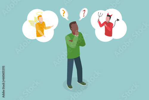 3D Isometric Flat Vector Conceptual Illustration of Right Or Wrong Decision, Shoulder Devil and Angel