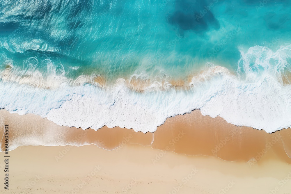 Waves Crashing On Tropical Beach, Captured From Drones View And Created With Ai