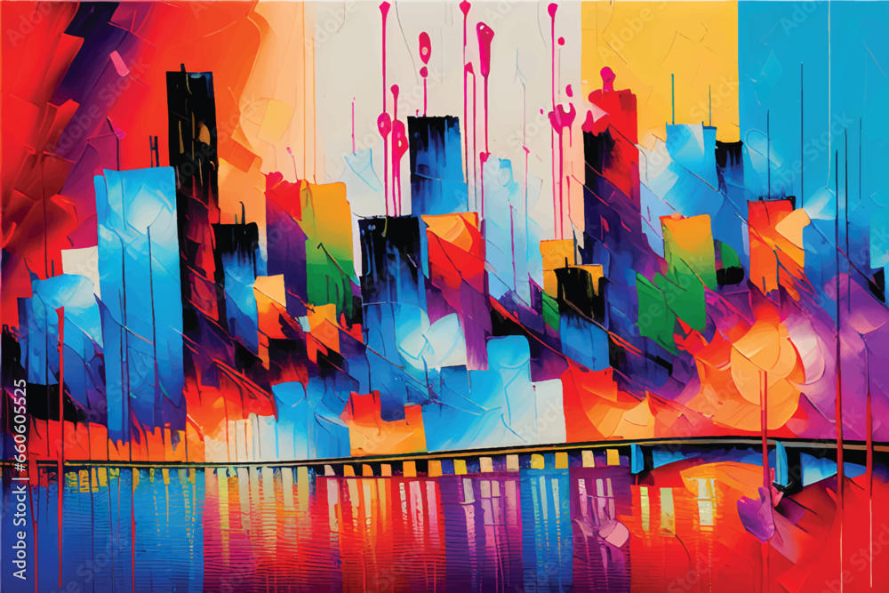Vibrant Artwork: Acrylic Paint in a Multicolored Painting. Cityscape with abstract oil painting. A city view in oil painting. Illustration. city view. - obrazy, fototapety, plakaty 