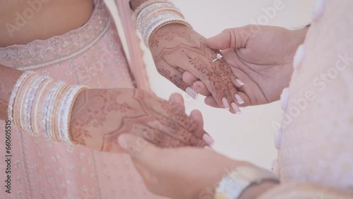 Indian Hindu Couple holding each other hands during their marriage Function. Close up slow motion Video.