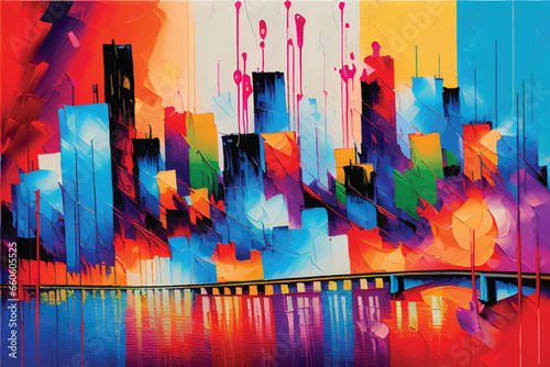 Vibrant Artwork: Acrylic Paint in a Multicolored Painting. Cityscape with abstract oil painting. A city view in oil painting. Illustration. city view.